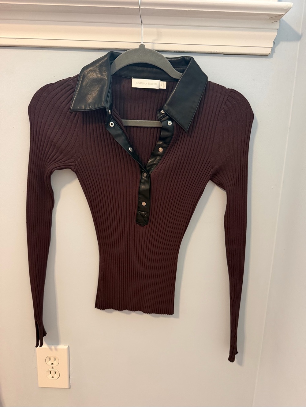 Jonathan Simkhai Leather-Trim Ribbed Long-Sleeve Top
